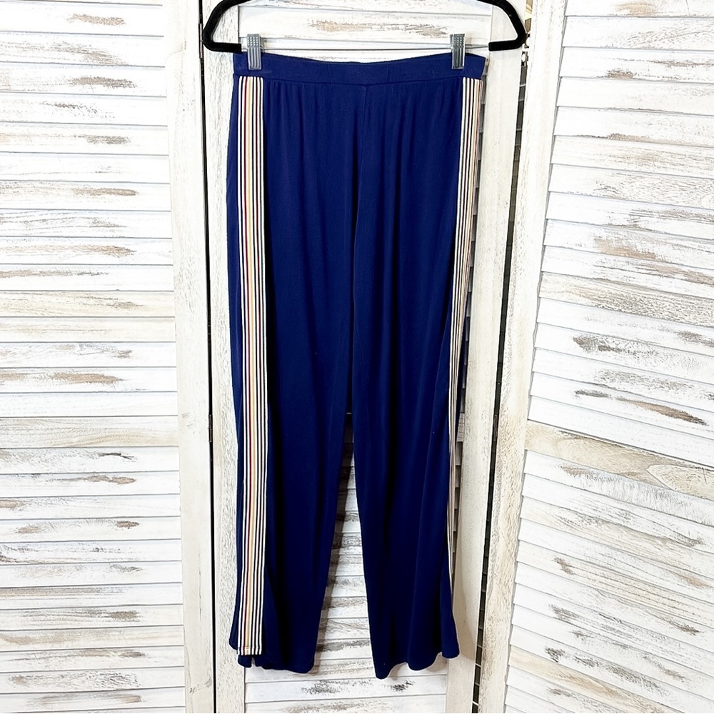 Retro Stripe Wide Leg Pants Blue Side Slit Lounge Pants S - Picture 5 of 8